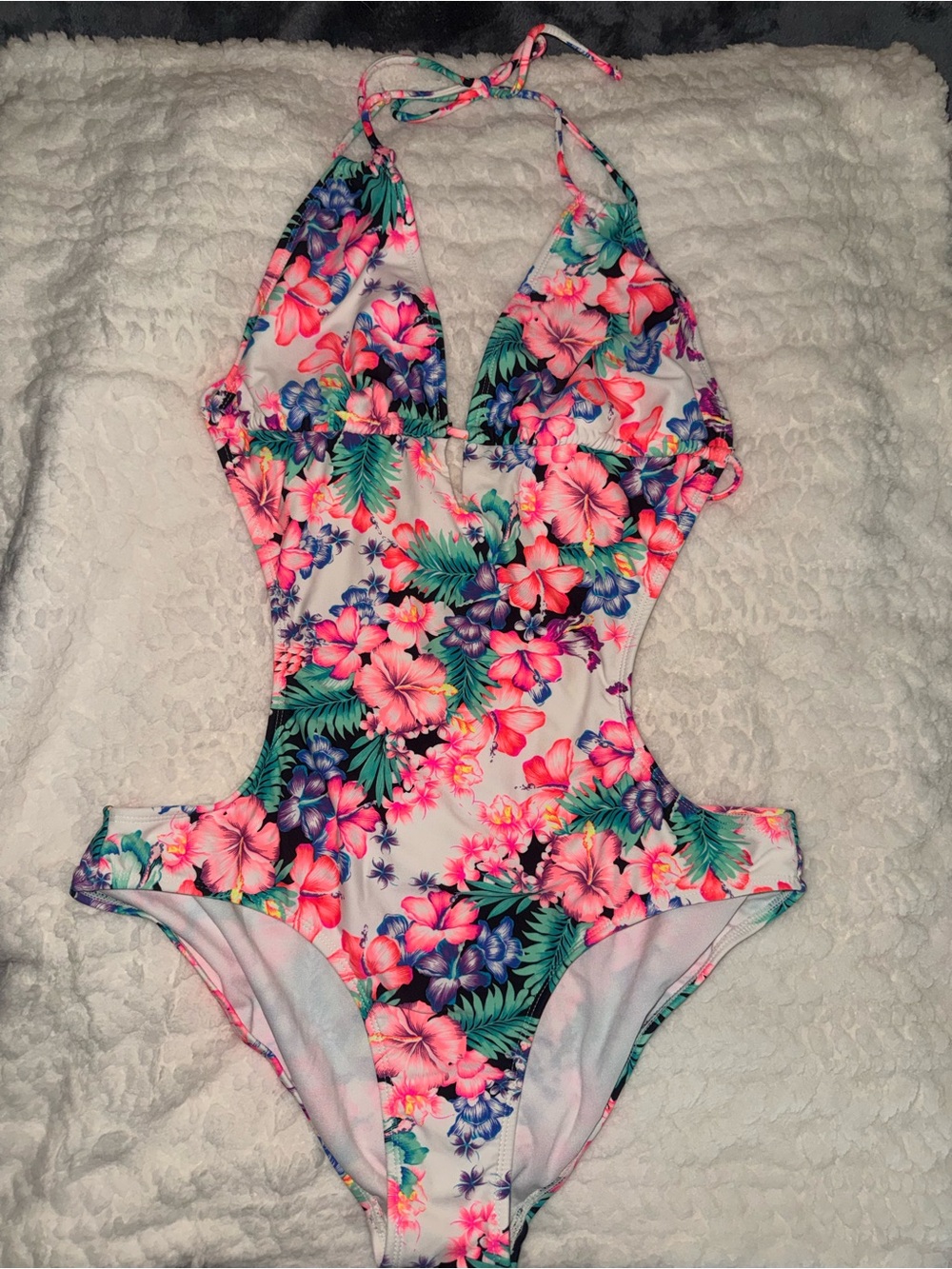 OP Tropical Floral Halter Cutout One-Piece Swimsuit - Pink, Green, Purple